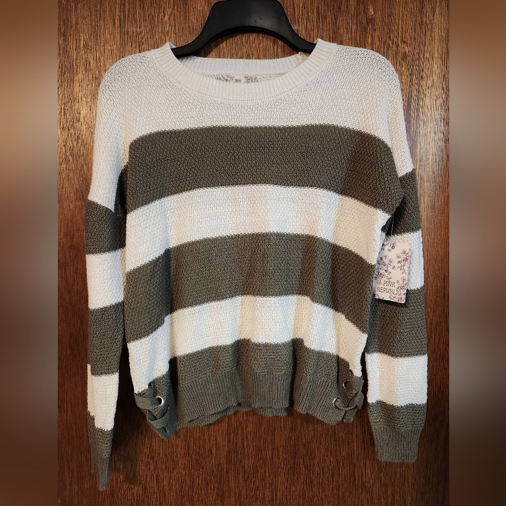 NWT Pink Republic Olive and Cream Striped Women's Sweater